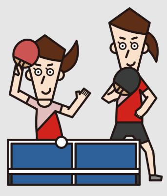 Table Tennis doubles team (2 players) at a table with rackets